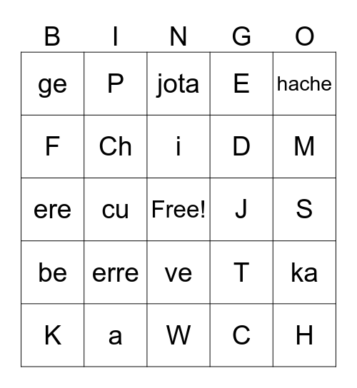 Spanish Alphabet Bingo Card