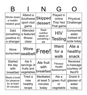 Healthy Bingo Challenge! Bingo Card