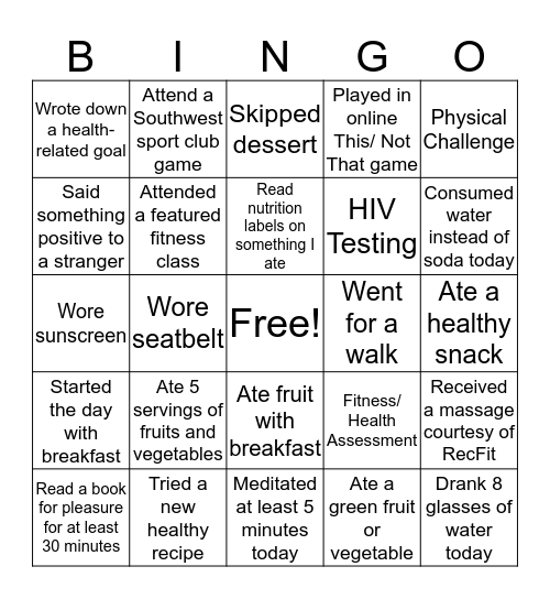 Healthy Bingo Challenge! Bingo Card