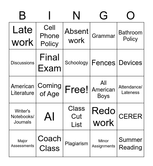 Syllabus Bingo Card