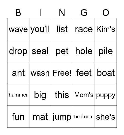 Word Bingo! Bingo Card