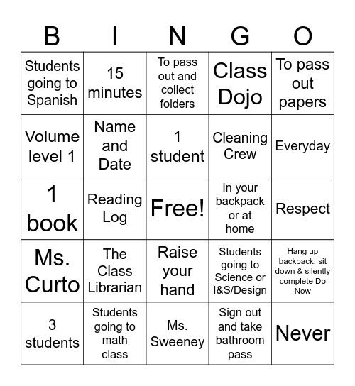 First Week Bingo: 5th Grade! Bingo Card