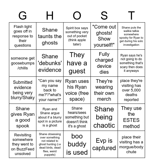 Ghost files bingo B) Bingo Card