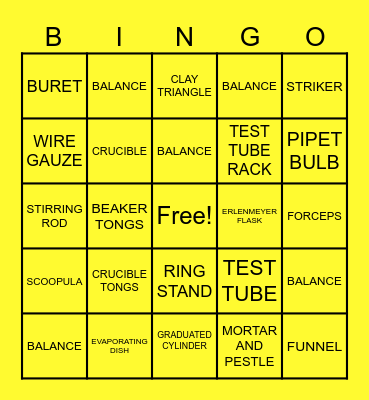 BASIC LABORATORY EQUIPMENT Bingo Card