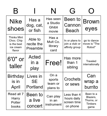 Student Bingo Card