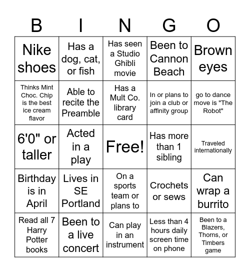 Student Bingo Card