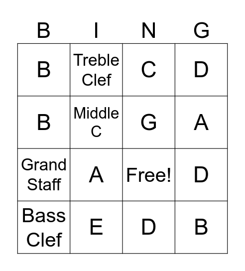 Clefs and Notes Bingo Card