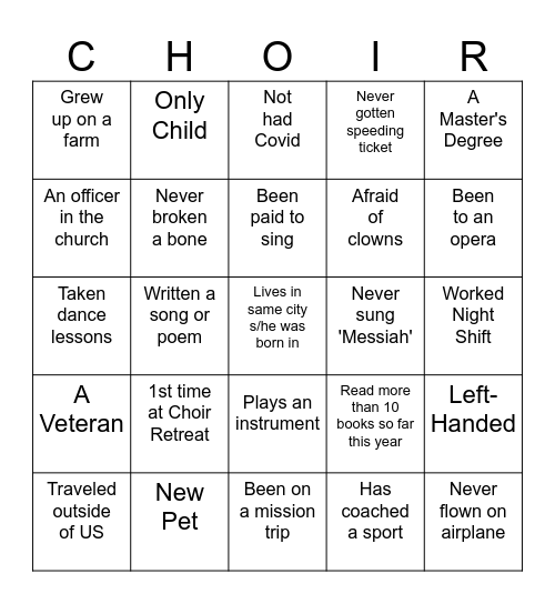 NAPC Choir: Who is/has . . . Bingo Card