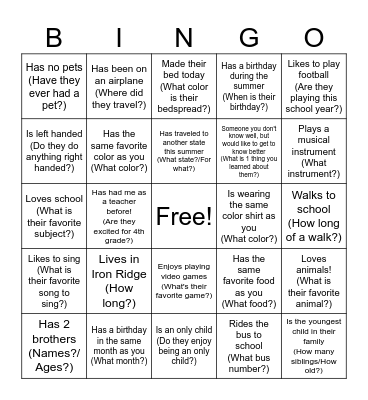 Get to know your Classmates Bingo Card
