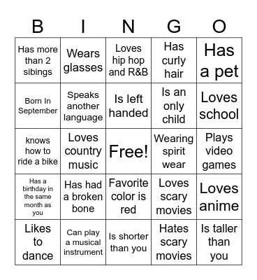 Getting to Know You Bingo Card