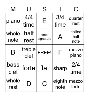 Beginner Music Theory Bingo Card