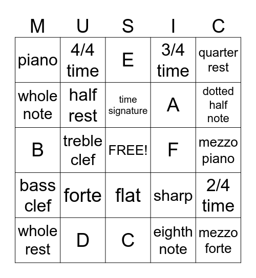 Beginner Music Theory Bingo Card