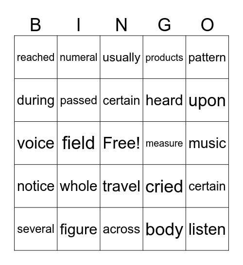 Fry Words 301-400 Bingo Card