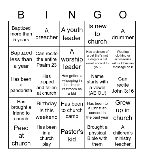 Church Kid Bingo Card