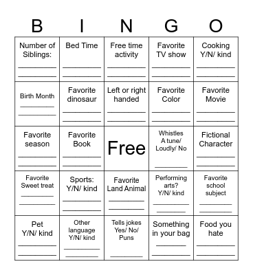 Top Line = Your ansswer/        Bottom Line = Name of matched classmate. Bingo Card