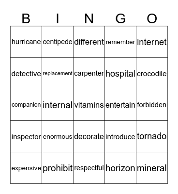 3 syllable Bingo Card