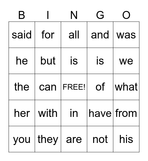 Sight Word Bingo Card