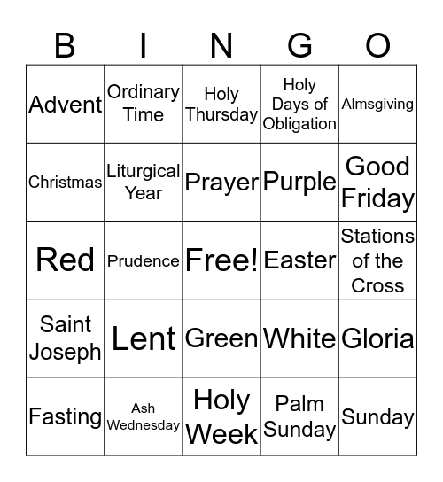 The Liturgical Year & Lent Bingo Card