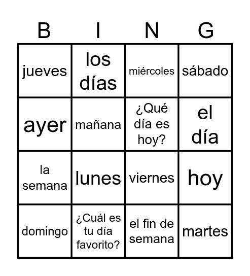 Los días de la semana Bingo Card