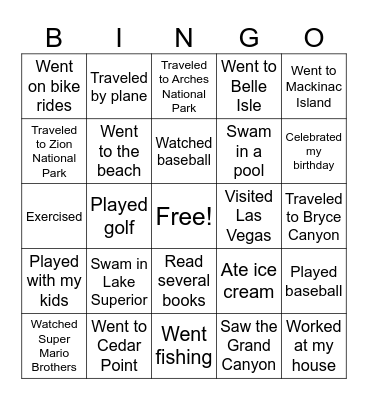 Summer Bingo Card