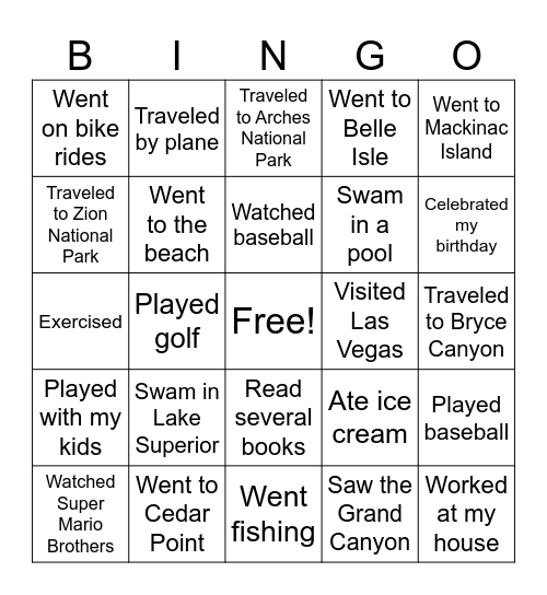 Summer Bingo Card