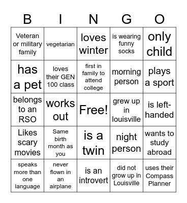 Getting to know you Bingo Card