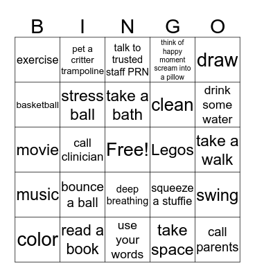 Cutter's Coping Skills Bingo Card