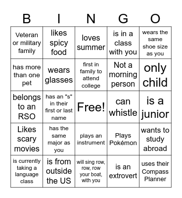 Getting to know you Bingo Card