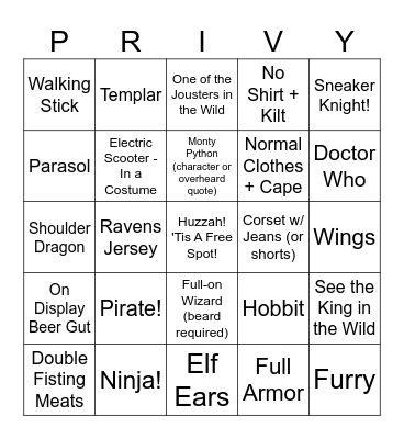 Renn Faire Bingo Card
