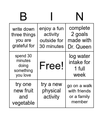 Weight and Nutrition Bingo Card