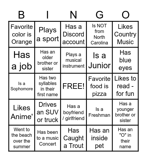 INTRODUCTORY Bingo Card