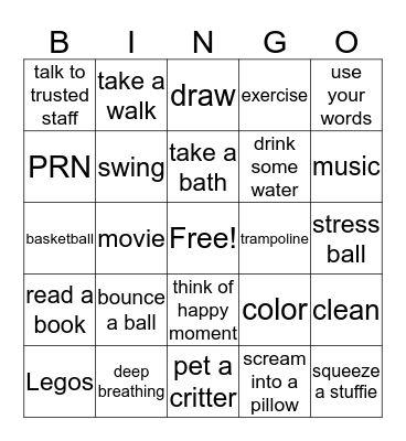 Cutter's Coping Skills Bingo Card