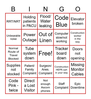 PVH Preop/PACU Construction Bingo Card