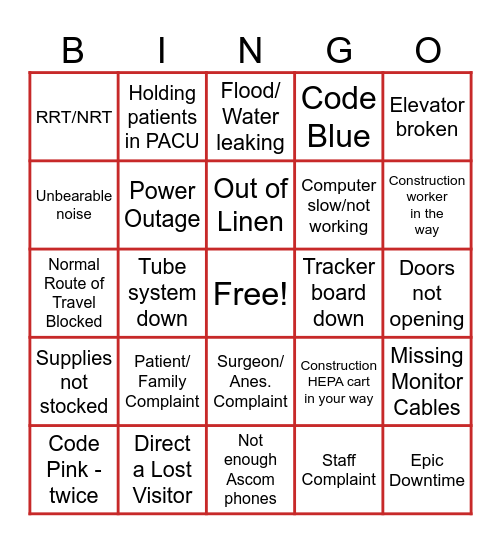 PVH Preop/PACU Construction Bingo Card