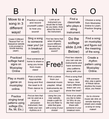Remote Learning For Music Bingo Card