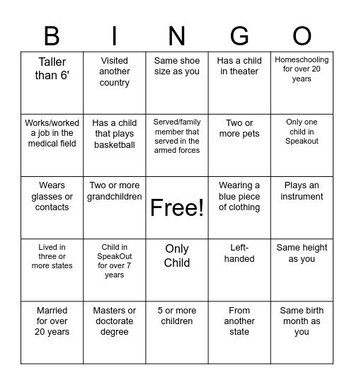 SpeakOut Parents! Bingo Card