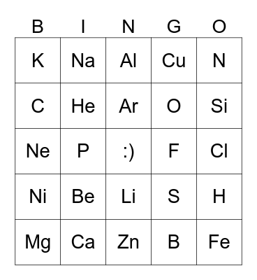 Periodic Table Bingo Card