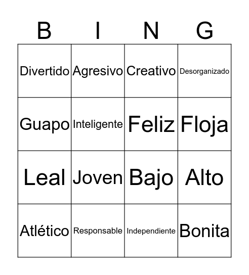 Adjetives Bingo Card