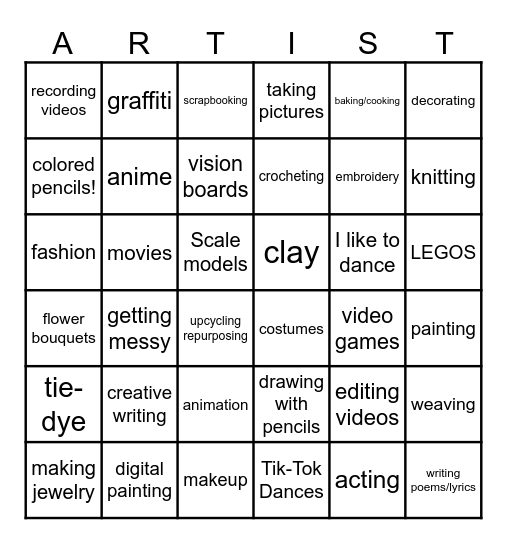 Am I an artist? Bingo Card