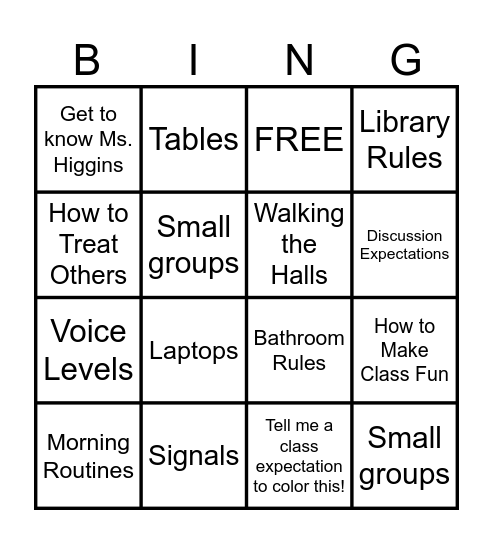 Welcome Back! Bingo Card