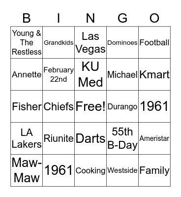 Pat's Birthday Bingo Card