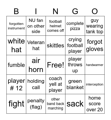 NUMB Football Bingo Card