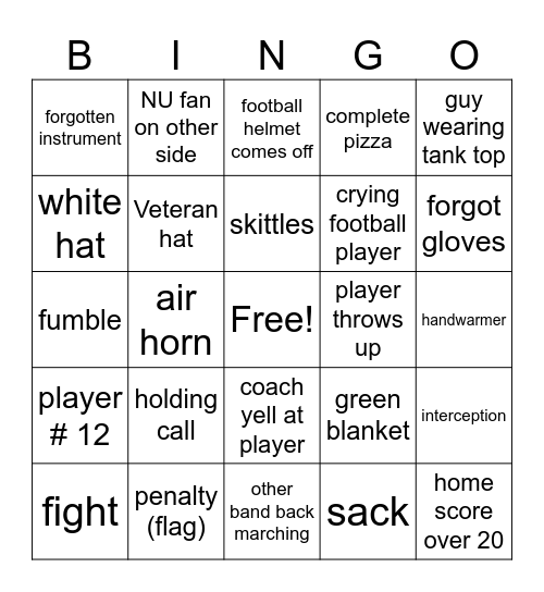 NUMB Football Bingo Card