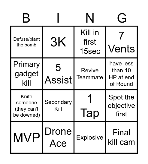 Rainbow Six Bingo Card