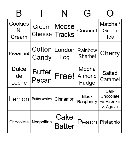 Ice Cream Bingo Card