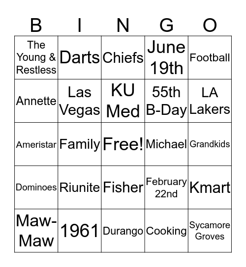 Pat's Birthday Bingo Card