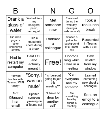 Remote Work and Wellness Bingo Card