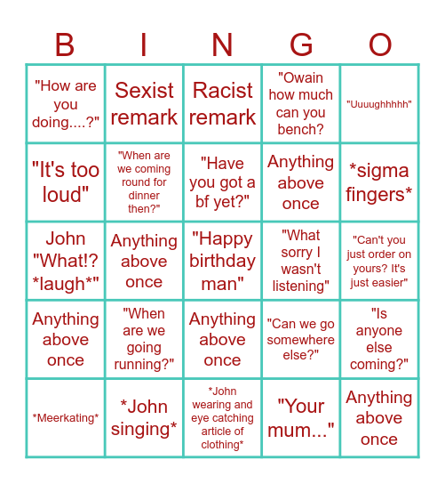 John and Tom Bingo Card
