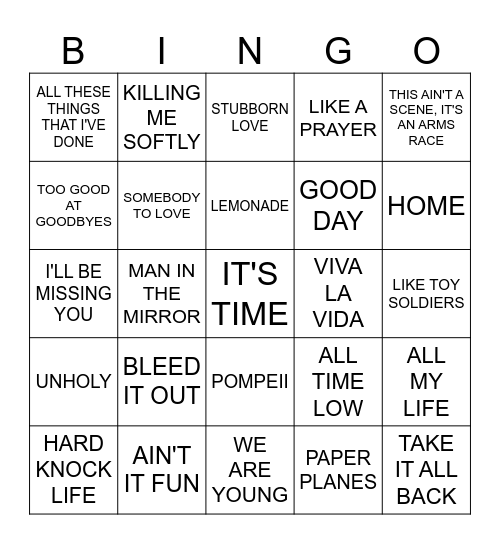 Songs with a Choir/Crowd Bingo Card