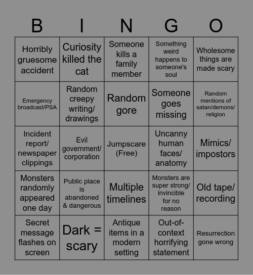 Indie horror tropes Bingo Card